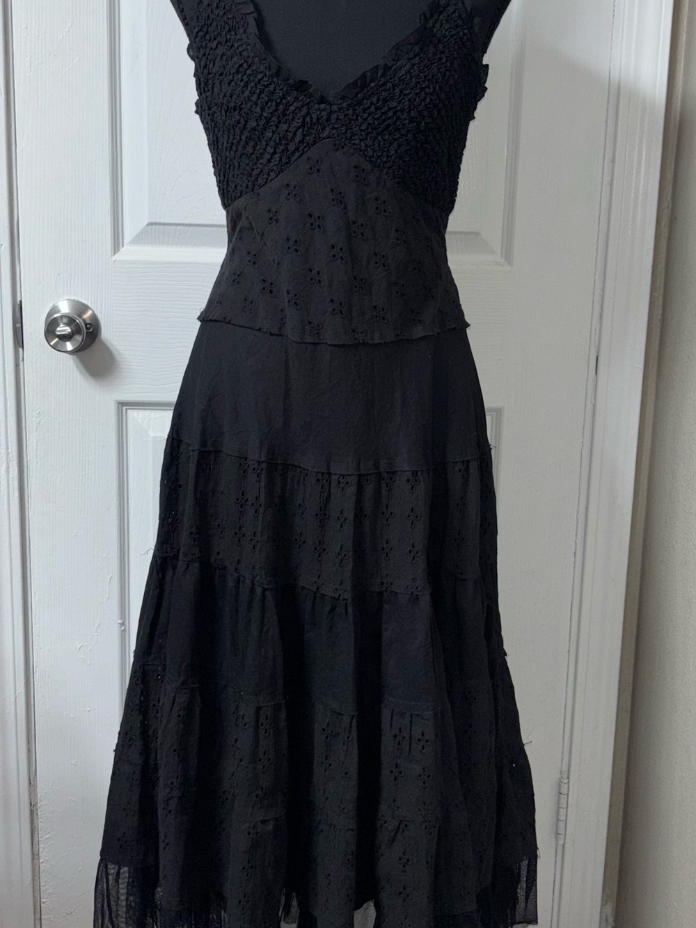 connected apparel Black Tiered Eyelet Maxi Dress